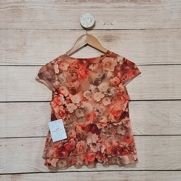 💟 NWT Rebellious Dreamer Brown Orange Floral Lace Mesh Babydoll Blouse Medium - Picture 5 of 9